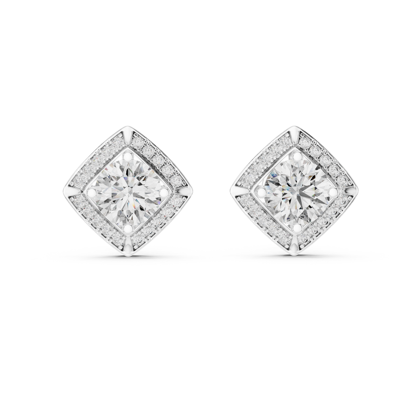 Round Lab Grown Diamond Cushion Halo Stud Earrings | Square Pave Border Style | 10K, 14K, and 18K Gold