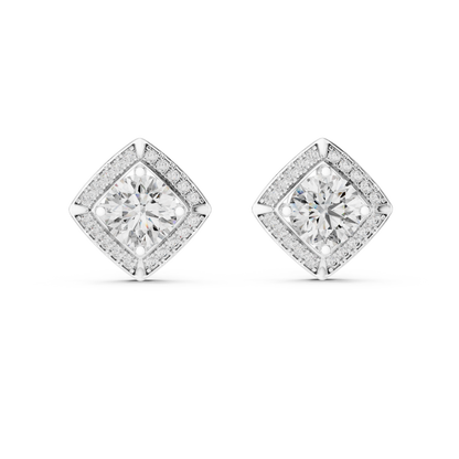 Round Lab Grown Diamond Cushion Halo Stud Earrings | Square Pave Border Style | 10K, 14K, and 18K Gold