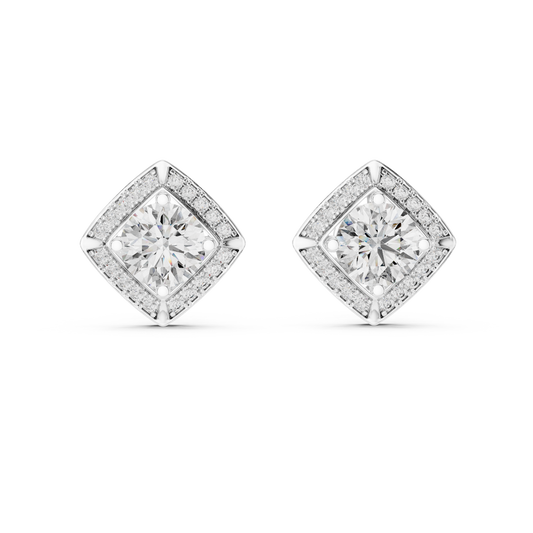 Round Lab Grown Diamond Cushion Halo Stud Earrings | Square Pave Border Style | 10K, 14K, and 18K Gold