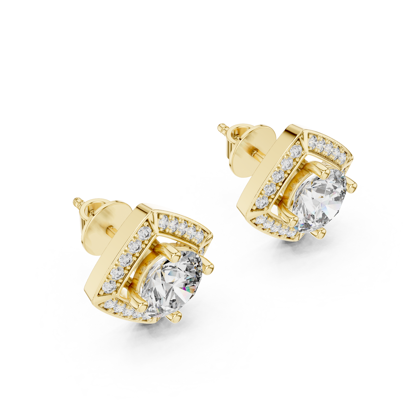 Round Lab Grown Diamond Cushion Halo Stud Earrings | Square Pave Border Style | 10K, 14K, and 18K Gold