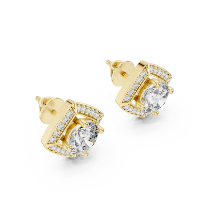 Round Lab Grown Diamond Cushion Halo Stud Earrings | Square Pave Border Style | 10K, 14K, and 18K Gold
