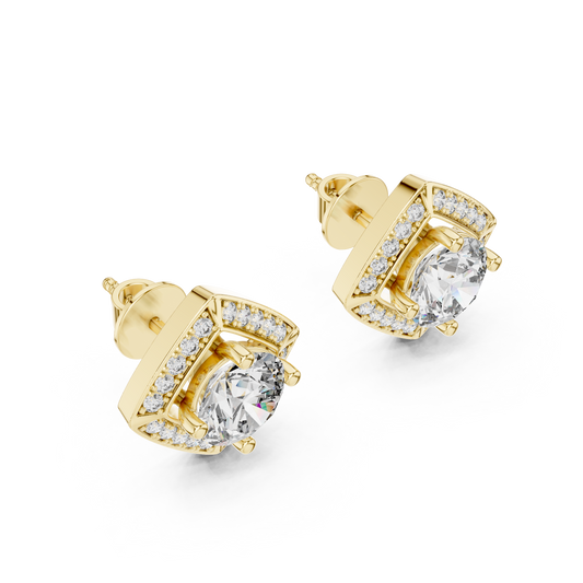 Round Lab Grown Diamond Cushion Halo Stud Earrings | Square Pave Border Style | 10K, 14K, and 18K Gold