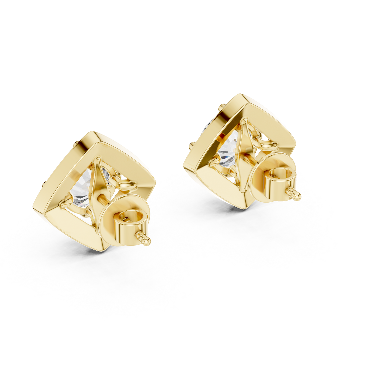 Round Lab Grown Diamond Cushion Halo Stud Earrings | Square Pave Border Style | 10K, 14K, and 18K Gold