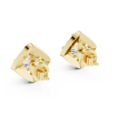 Round Lab Grown Diamond Cushion Halo Stud Earrings | Square Pave Border Style | 10K, 14K, and 18K Gold
