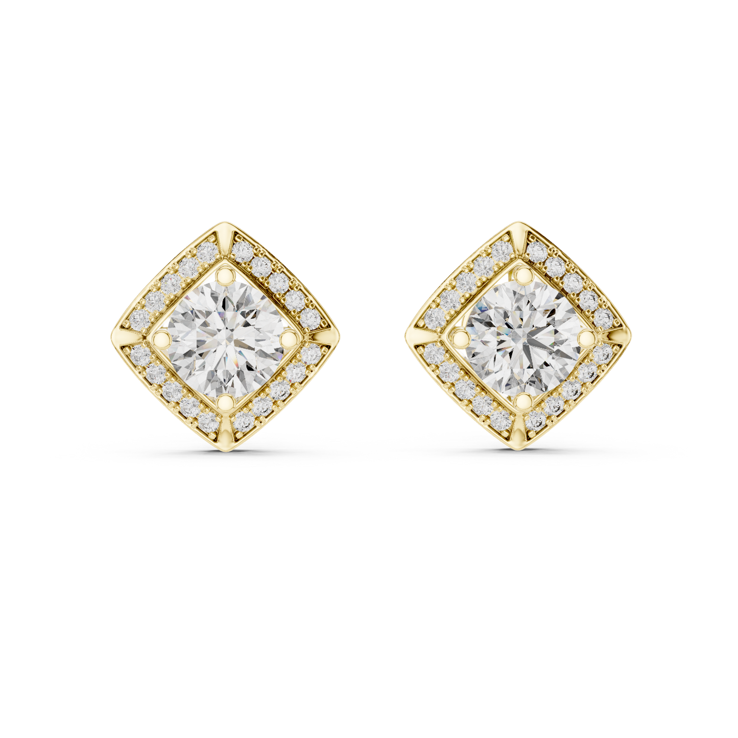 Round Lab Grown Diamond Cushion Halo Stud Earrings | Square Pave Border Style | 10K, 14K, and 18K Gold