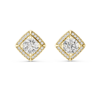 Round Lab Grown Diamond Cushion Halo Stud Earrings | Square Pave Border Style | 10K, 14K, and 18K Gold