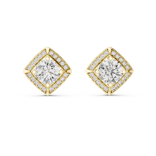 Round Lab Grown Diamond Cushion Halo Stud Earrings | Square Pave Border Style | 10K, 14K, and 18K Gold