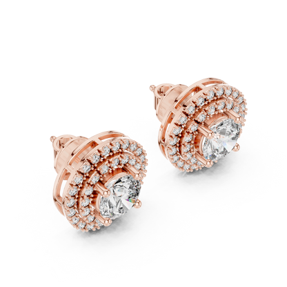 Round Lab Grown Diamond Double Halo Stud Earrings | 10K, 14K, and 18K Gold | ER-0017