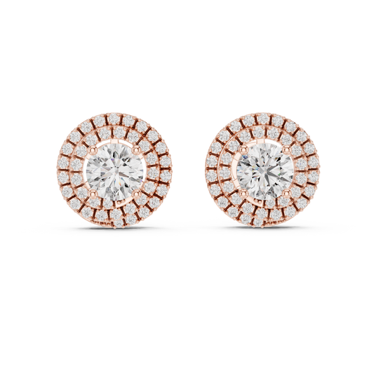 Round Lab Grown Diamond Double Halo Stud Earrings | 10K, 14K, and 18K Gold | ER-0017