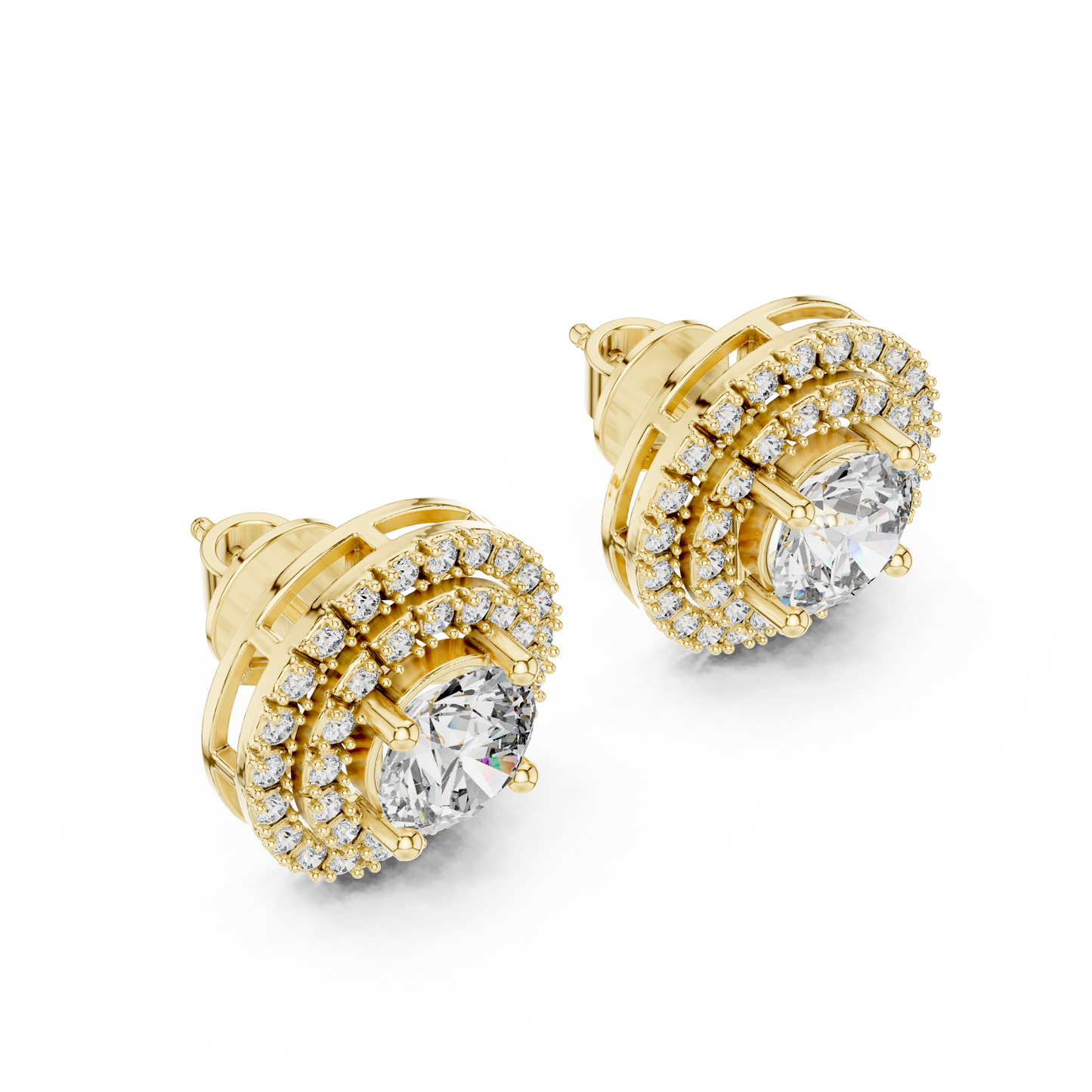Round Lab Grown Diamond Double Halo Stud Earrings | 10K, 14K, and 18K Gold | ER-0017