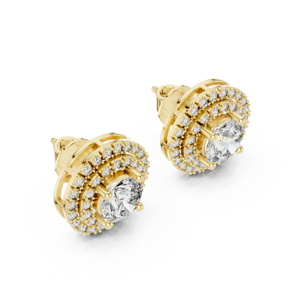 Round Lab Grown Diamond Double Halo Stud Earrings | 10K, 14K, and 18K Gold | ER-0017