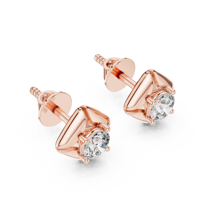 Round Lab Grown Diamond Geometric Star Stud Earrings | Modern Four-Prong Solitaire | 10K, 14K, and 18K Gold