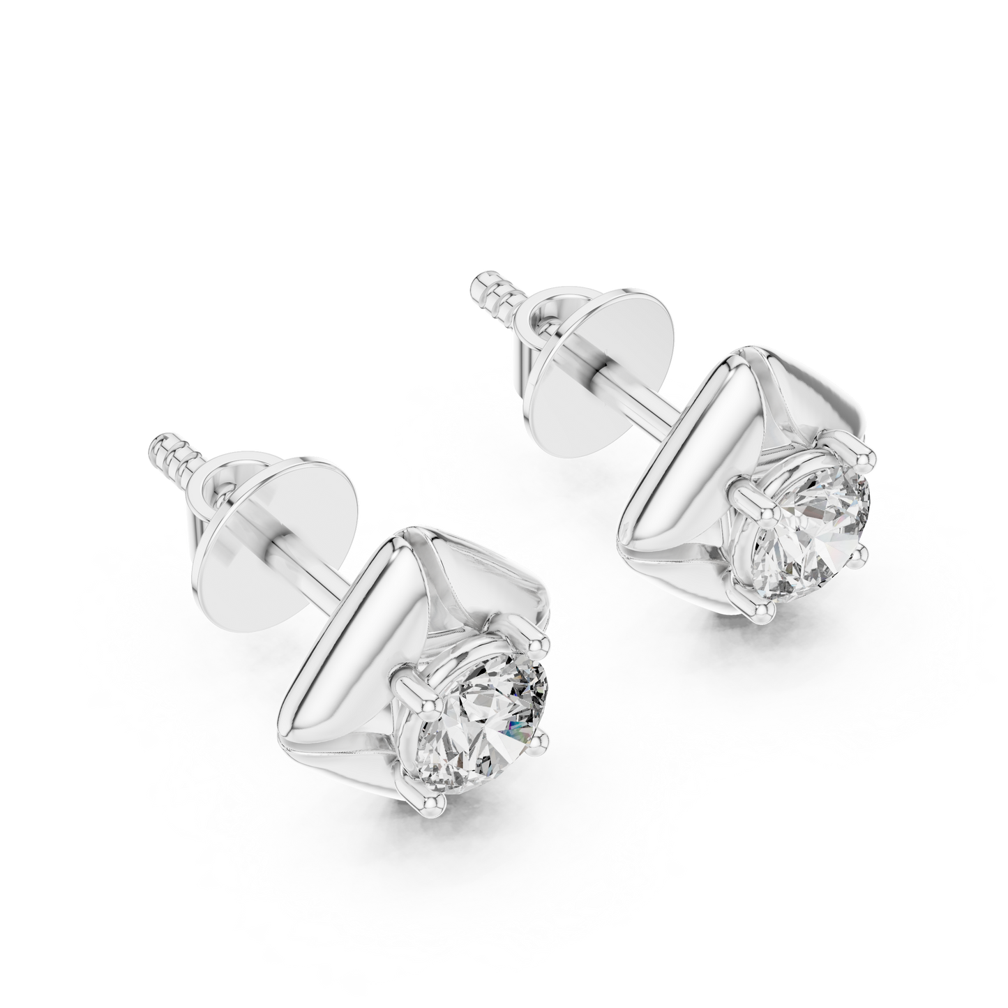Round Lab Grown Diamond Geometric Star Stud Earrings | Modern Four-Prong Solitaire | 10K, 14K, and 18K Gold