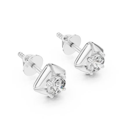 Round Lab Grown Diamond Geometric Star Stud Earrings | Modern Four-Prong Solitaire | 10K, 14K, and 18K Gold