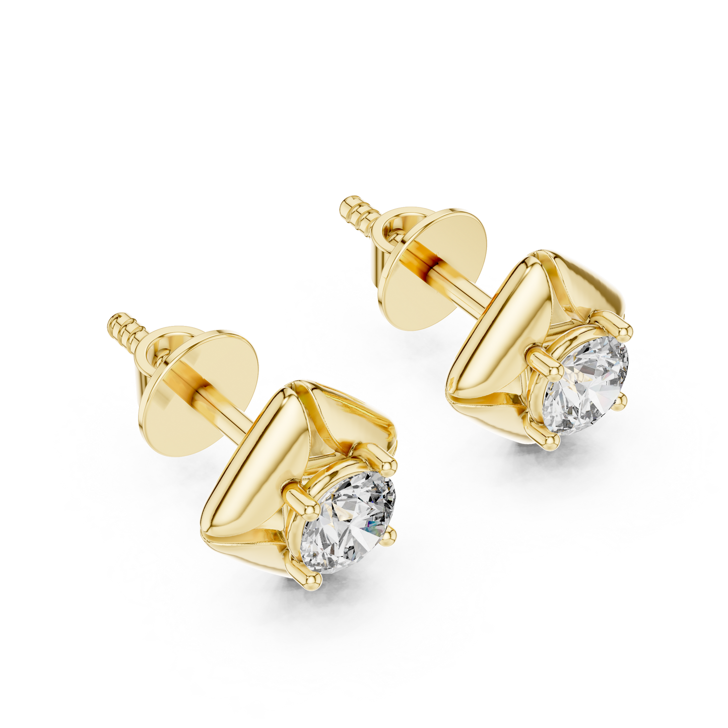 Round Lab Grown Diamond Geometric Star Stud Earrings | Modern Four-Prong Solitaire | 10K, 14K, and 18K Gold