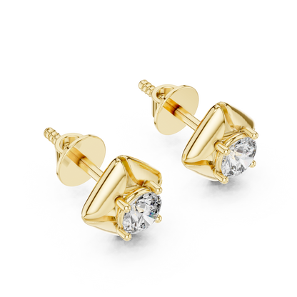 Round Lab Grown Diamond Geometric Star Stud Earrings | Modern Four-Prong Solitaire | 10K, 14K, and 18K Gold