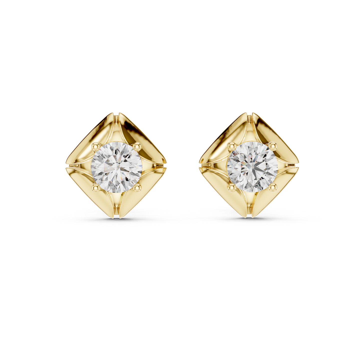 Round Lab Grown Diamond Geometric Star Stud Earrings | Modern Four-Prong Solitaire | 10K, 14K, and 18K Gold