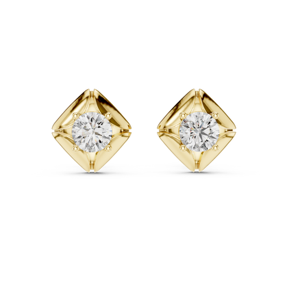 Round Lab Grown Diamond Geometric Star Stud Earrings | Modern Four-Prong Solitaire | 10K, 14K, and 18K Gold