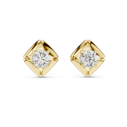 Round Lab Grown Diamond Geometric Star Stud Earrings | Modern Four-Prong Solitaire | 10K, 14K, and 18K Gold