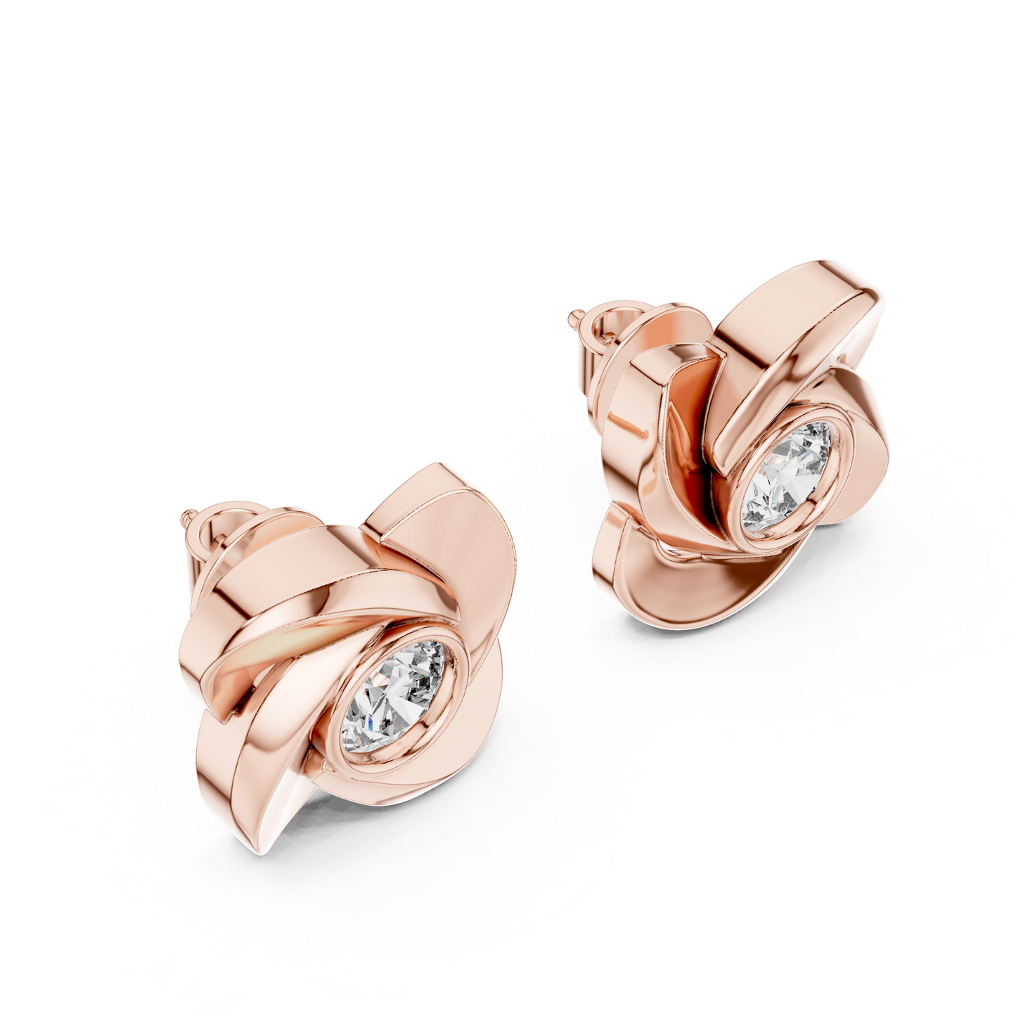 Round Lab Grown Diamond Pinwheel Stud Earrings | Modern Swirl Solitaire | 10K, 14K, and 18K Gold