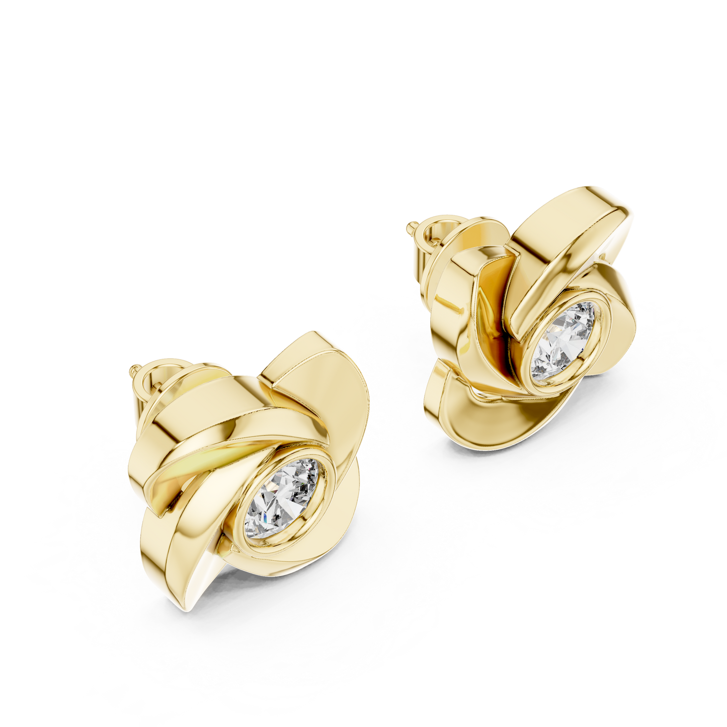 Round Lab Grown Diamond Pinwheel Stud Earrings | Modern Swirl Solitaire | 10K, 14K, and 18K Gold