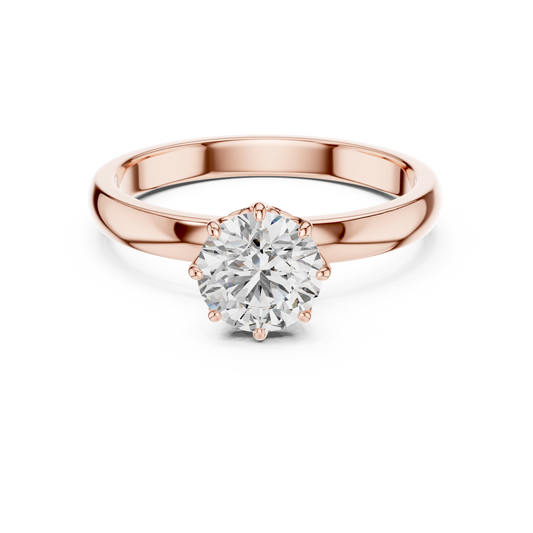 Round Lab Grown Diamond Solitaire Ring | 6-Prong Petal Crown Setting | Solid Gold