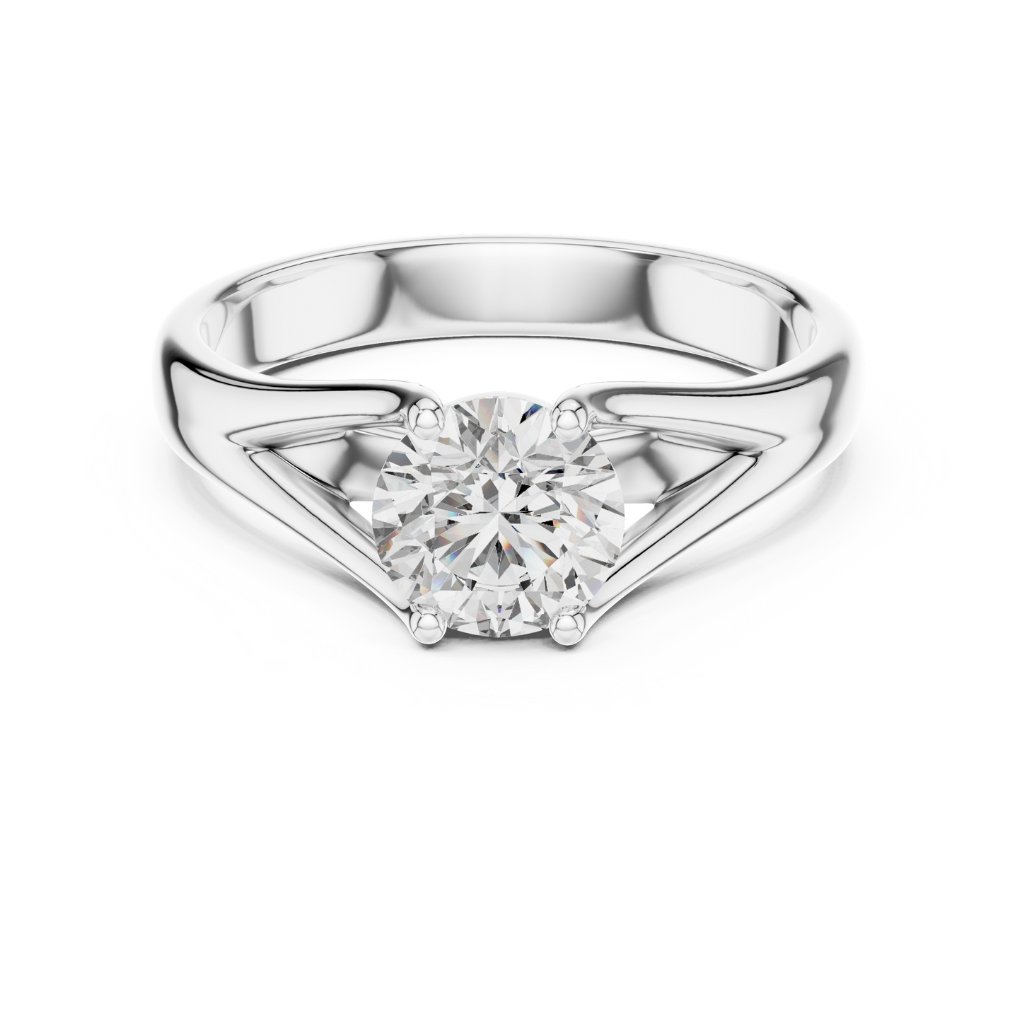 Round Lab Grown Diamond Solitaire Ring | Split-Shoulder Cathedral Band | Solid Gold