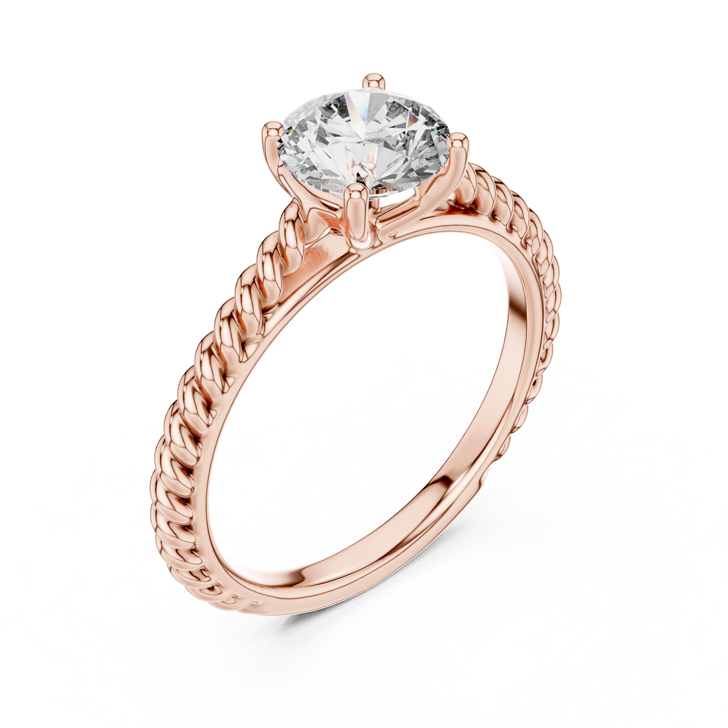 Round Lab Grown Diamond Solitaire Ring | Twisted Rope Vine Band | Solid Gold
