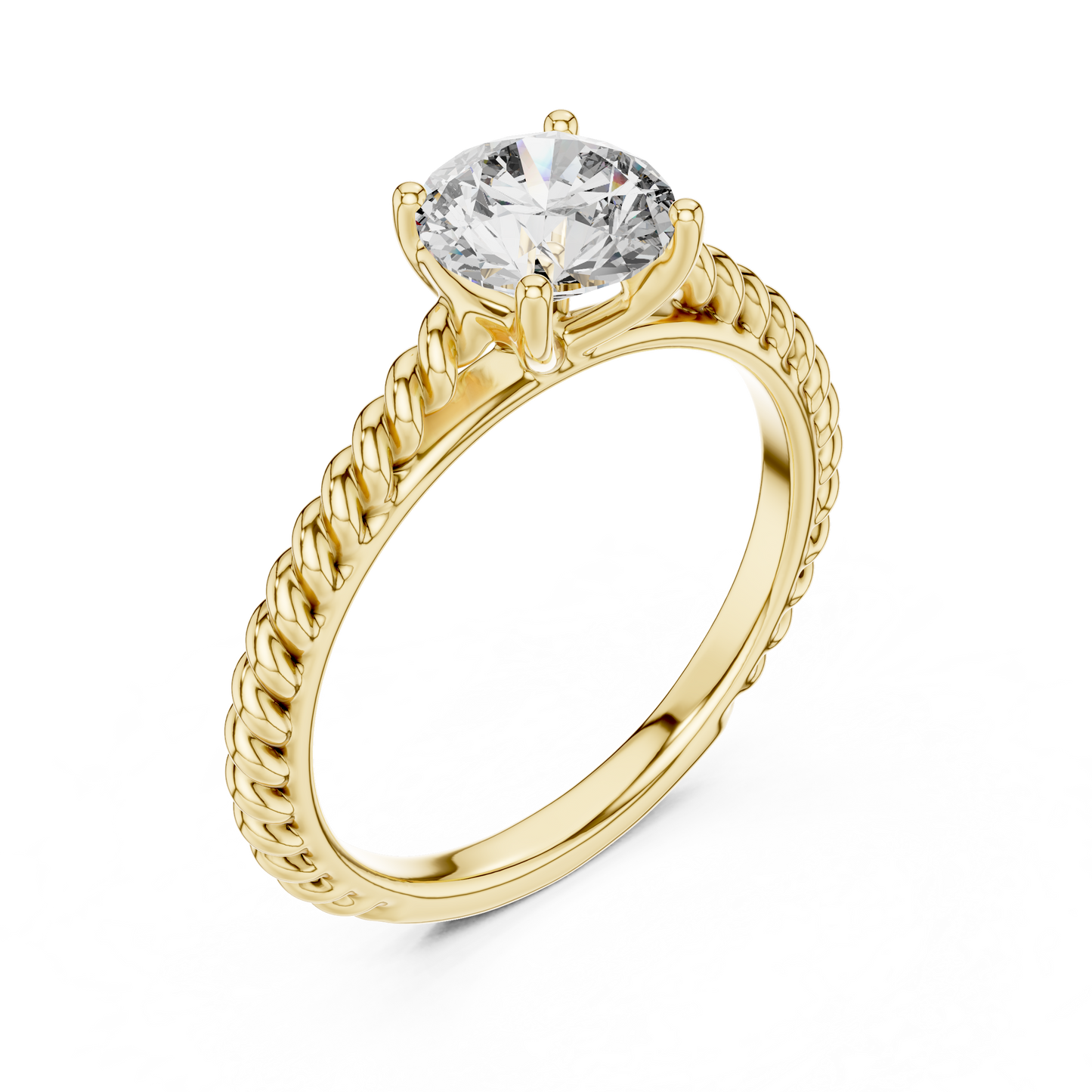 Round Lab Grown Diamond Solitaire Ring | Twisted Rope Vine Band | Solid Gold