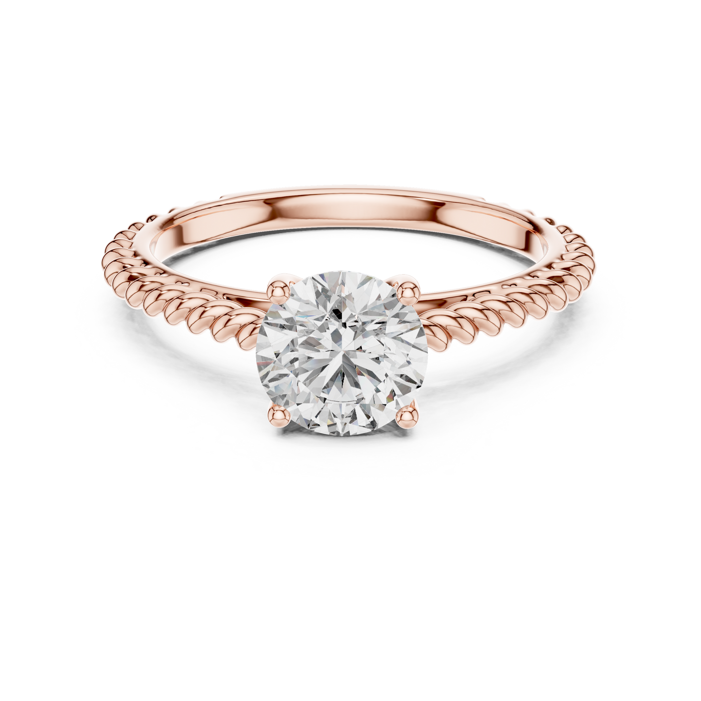 Round Lab Grown Diamond Solitaire Ring | Twisted Rope Vine Band | Solid Gold