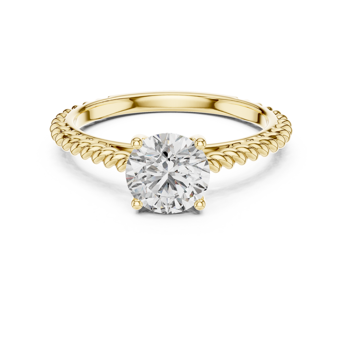Round Lab Grown Diamond Solitaire Ring | Twisted Rope Vine Band | Solid Gold