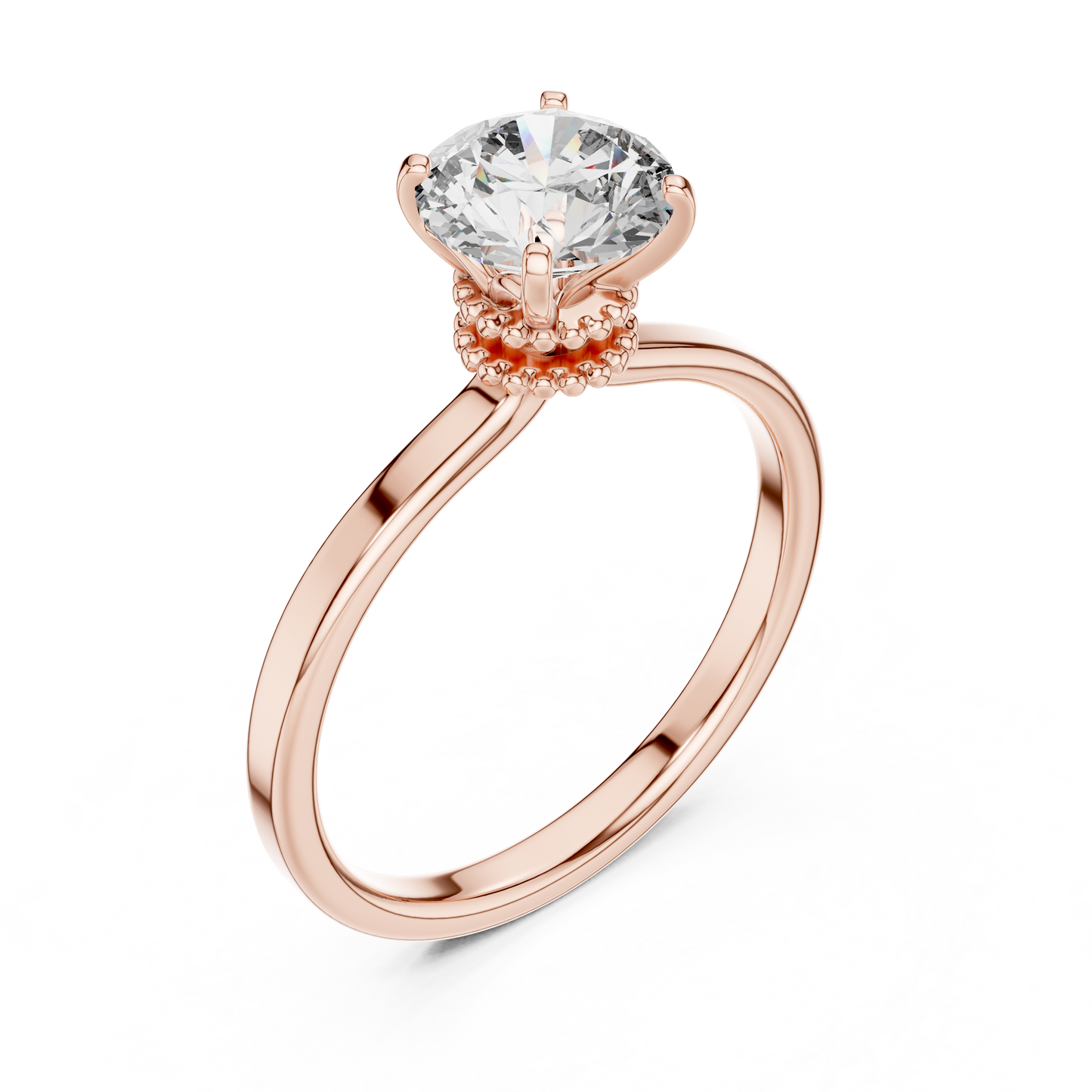Round Lab Grown Diamond Solitaire Ring | Vintage Filigree Crown & Beaded Band | Solid Gold