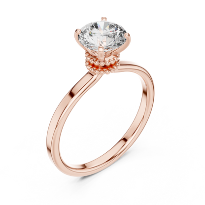 Round Lab Grown Diamond Solitaire Ring | Vintage Filigree Crown & Beaded Band | Solid Gold