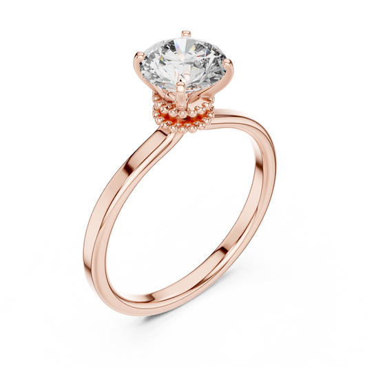 Round Lab Grown Diamond Solitaire Ring | Vintage Filigree Crown & Beaded Band | Solid Gold