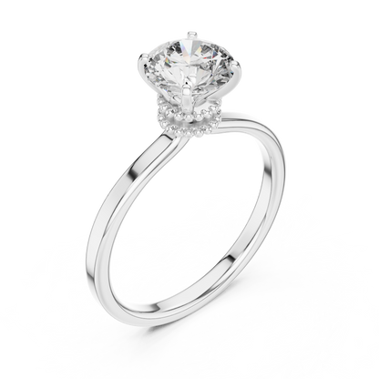 Round Lab Grown Diamond Solitaire Ring | Vintage Filigree Crown & Beaded Band | Solid Gold