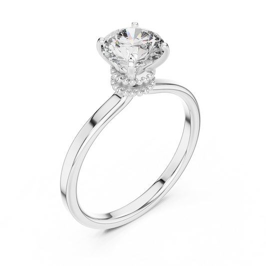 Round Lab Grown Diamond Solitaire Ring | Vintage Filigree Crown & Beaded Band | Solid Gold