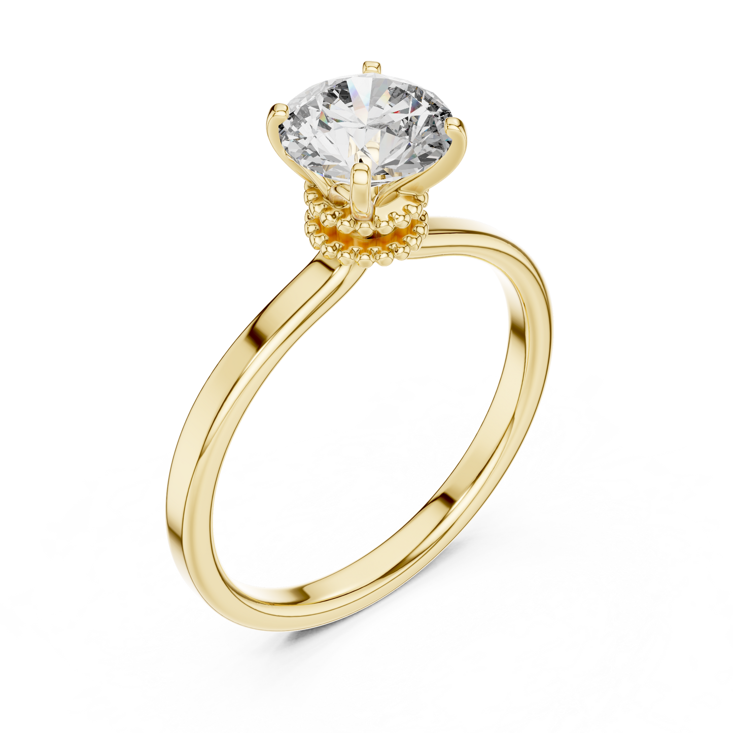 Round Lab Grown Diamond Solitaire Ring | Vintage Filigree Crown & Beaded Band | Solid Gold