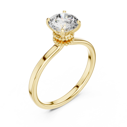 Round Lab Grown Diamond Solitaire Ring | Vintage Filigree Crown & Beaded Band | Solid Gold
