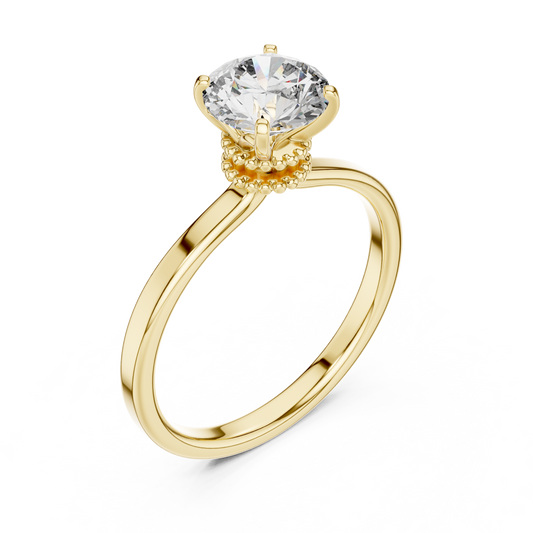 Round Lab Grown Diamond Solitaire Ring | Vintage Filigree Crown & Beaded Band | Solid Gold