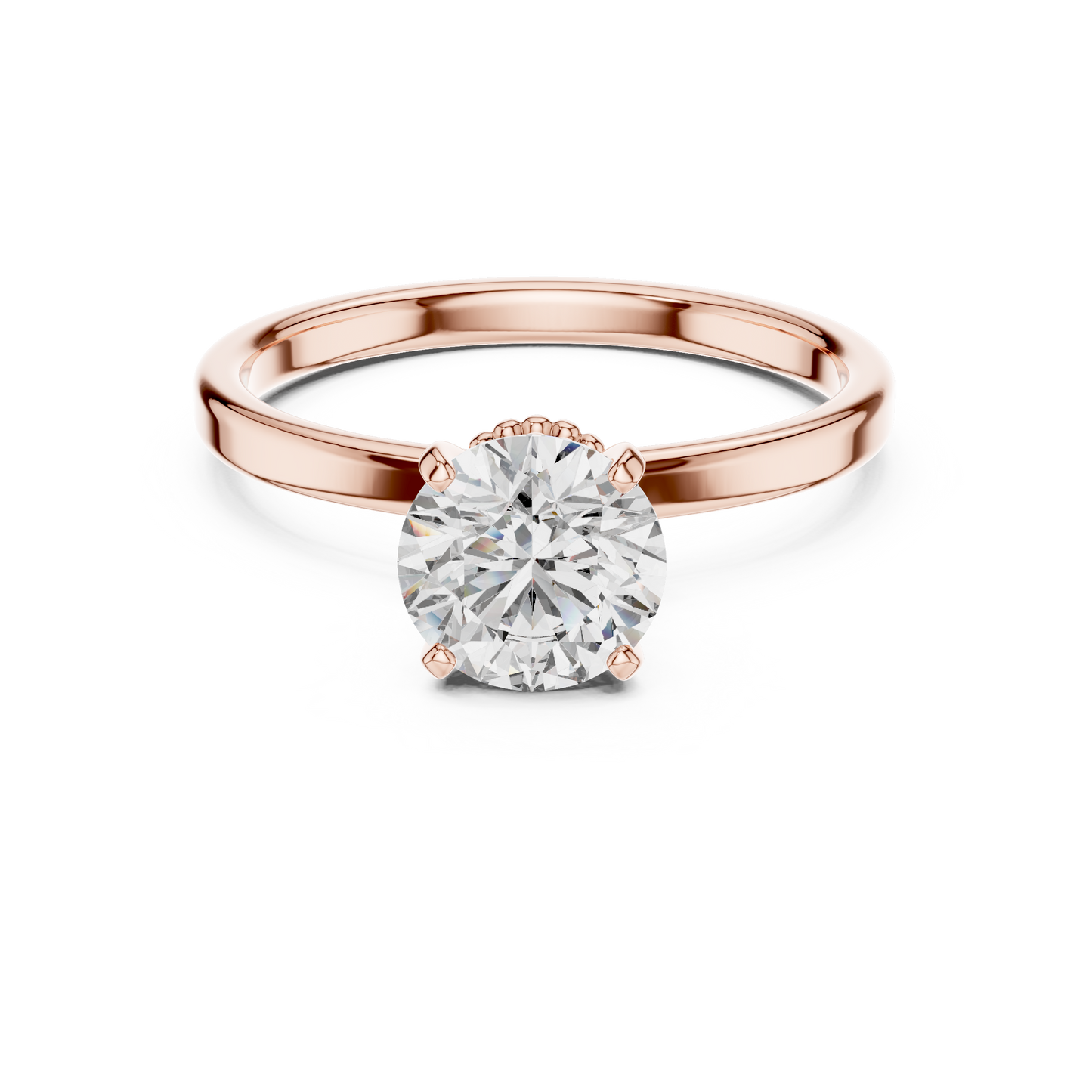 Round Lab Grown Diamond Solitaire Ring | Vintage Filigree Crown & Beaded Band | Solid Gold