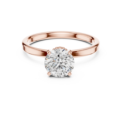 Round Lab Grown Diamond Solitaire Ring | Vintage Filigree Crown & Beaded Band | Solid Gold