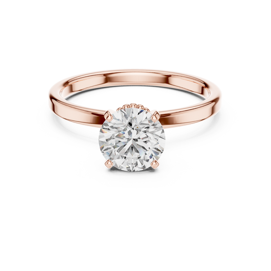 Round Lab Grown Diamond Solitaire Ring | Vintage Filigree Crown & Beaded Band | Solid Gold