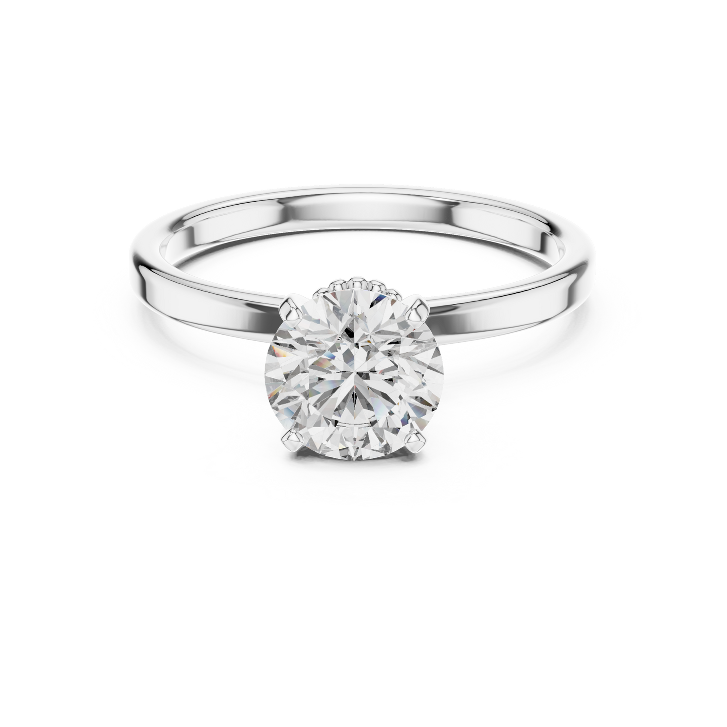 Round Lab Grown Diamond Solitaire Ring | Vintage Filigree Crown & Beaded Band | Solid Gold