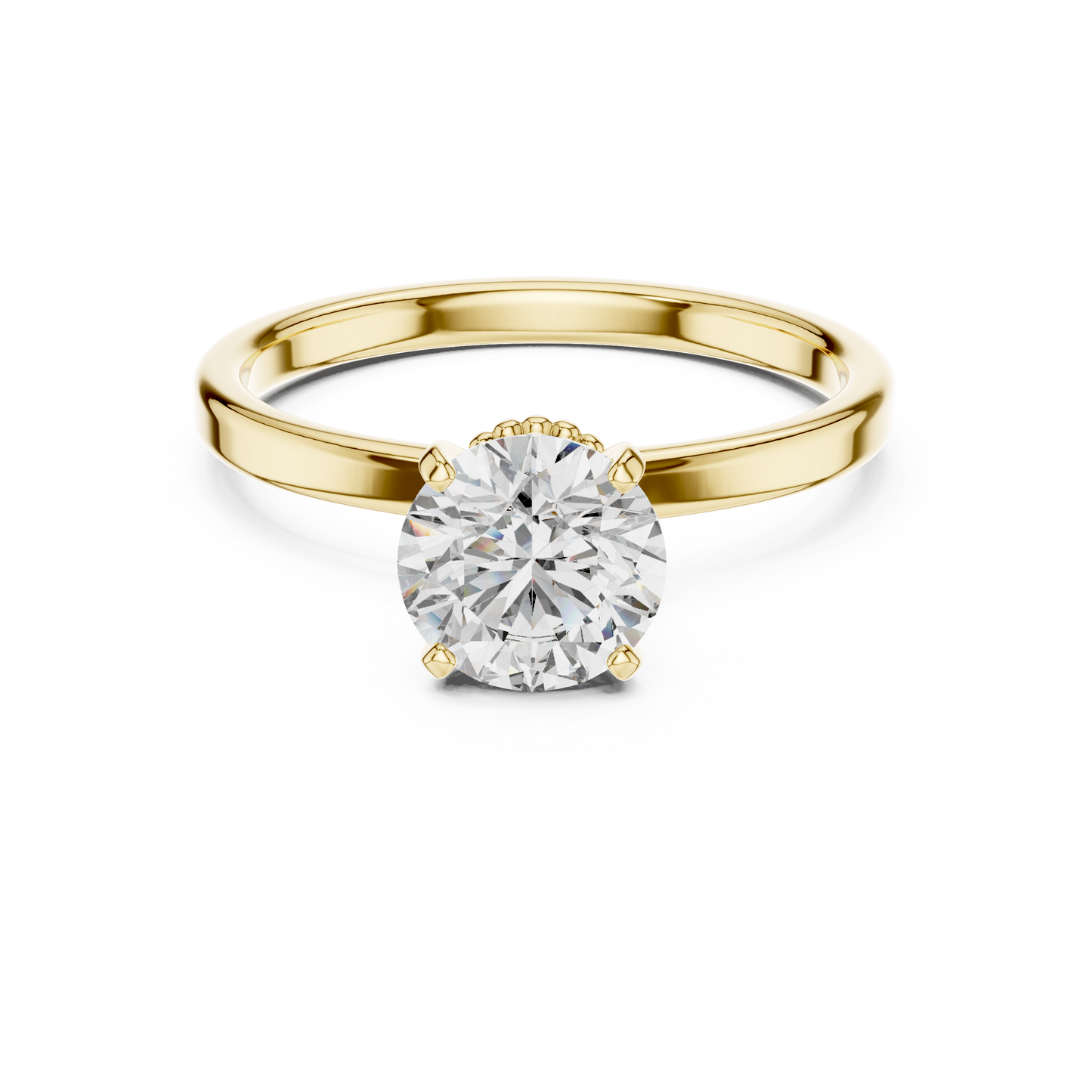 Round Lab Grown Diamond Solitaire Ring | Vintage Filigree Crown & Beaded Band | Solid Gold