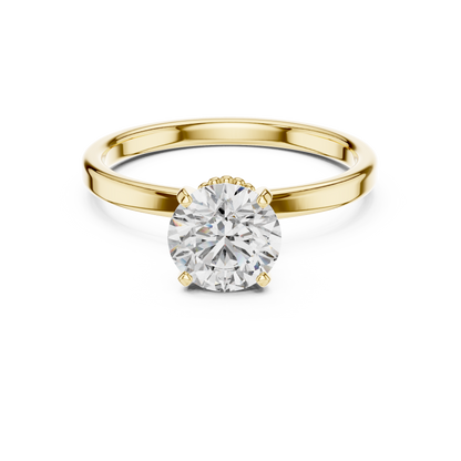 Round Lab Grown Diamond Solitaire Ring | Vintage Filigree Crown & Beaded Band | Solid Gold
