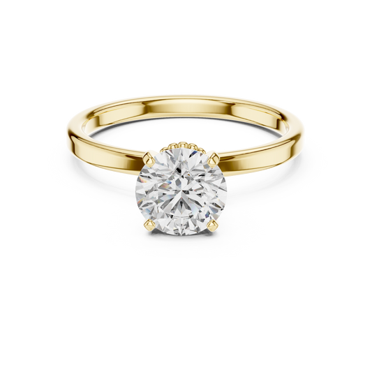 Round Lab Grown Diamond Solitaire Ring | Vintage Filigree Crown & Beaded Band | Solid Gold