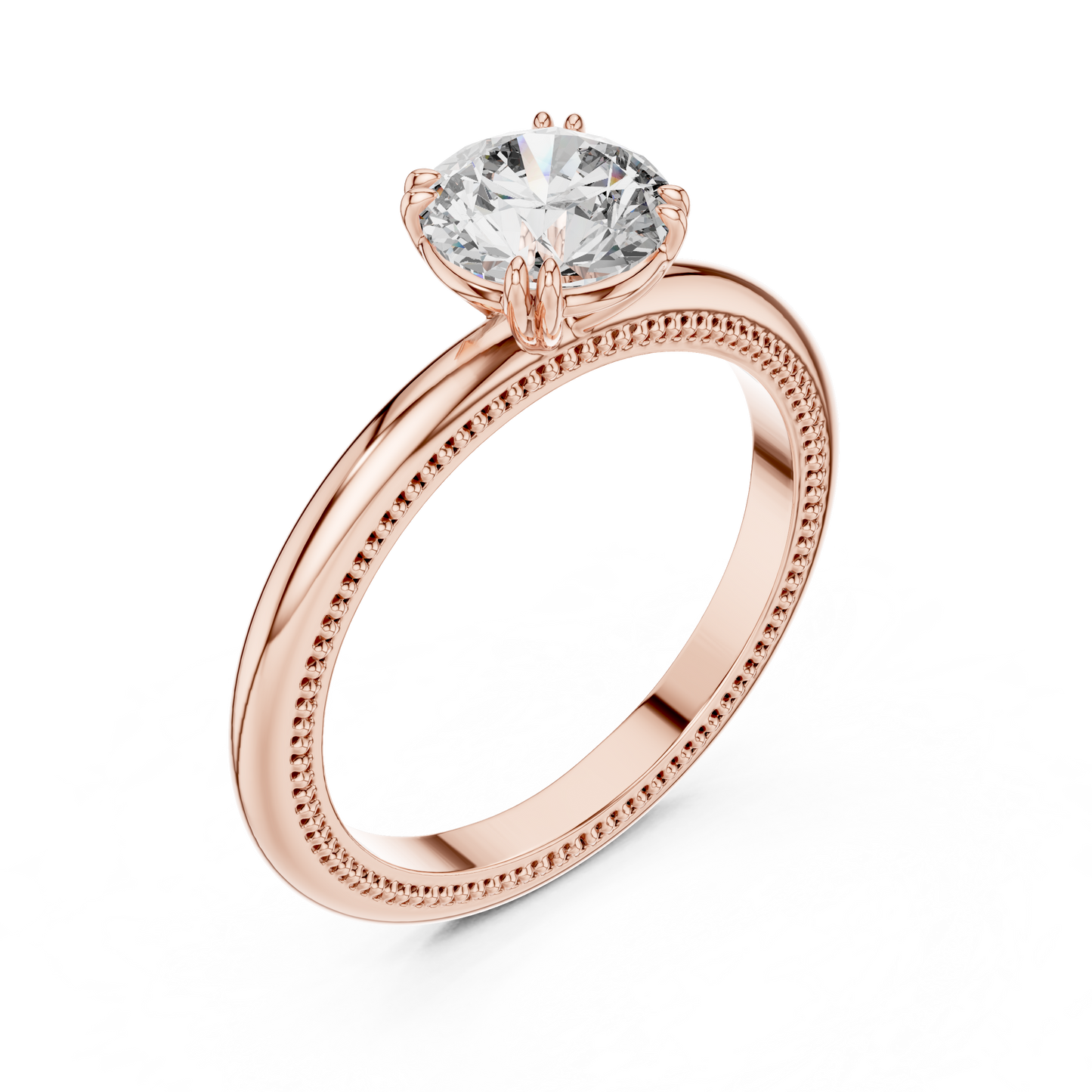 Round Lab Grown Diamond Solitaire Ring | Beaded Milgrain Texture Band | Solid Gold