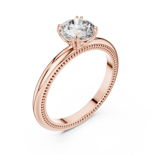 Round Lab Grown Diamond Solitaire Ring | Beaded Milgrain Texture Band | Solid Gold