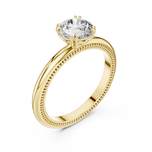 Round Lab Grown Diamond Solitaire Ring | Beaded Milgrain Texture Band | Solid Gold