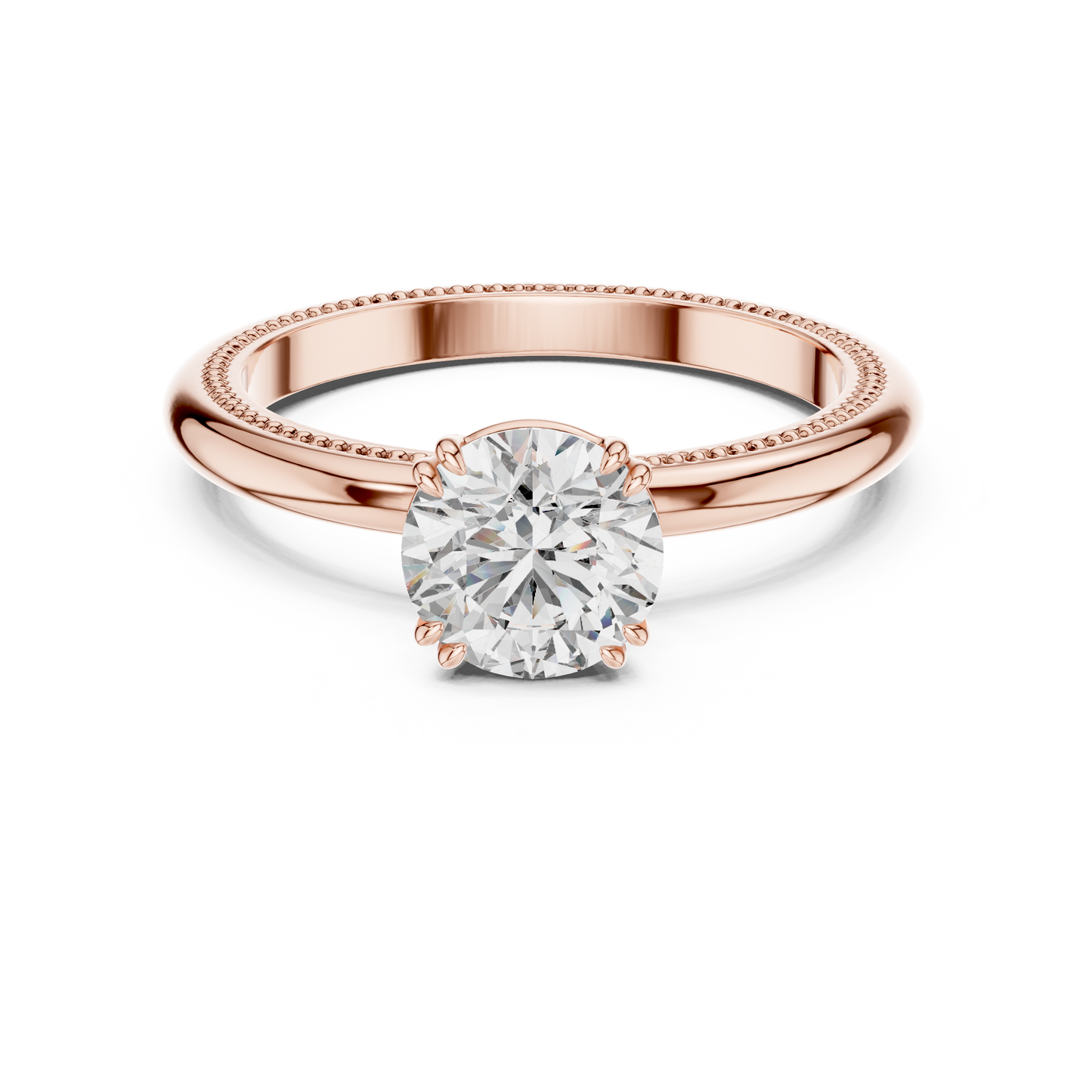 Round Lab Grown Diamond Solitaire Ring | Beaded Milgrain Texture Band | Solid Gold